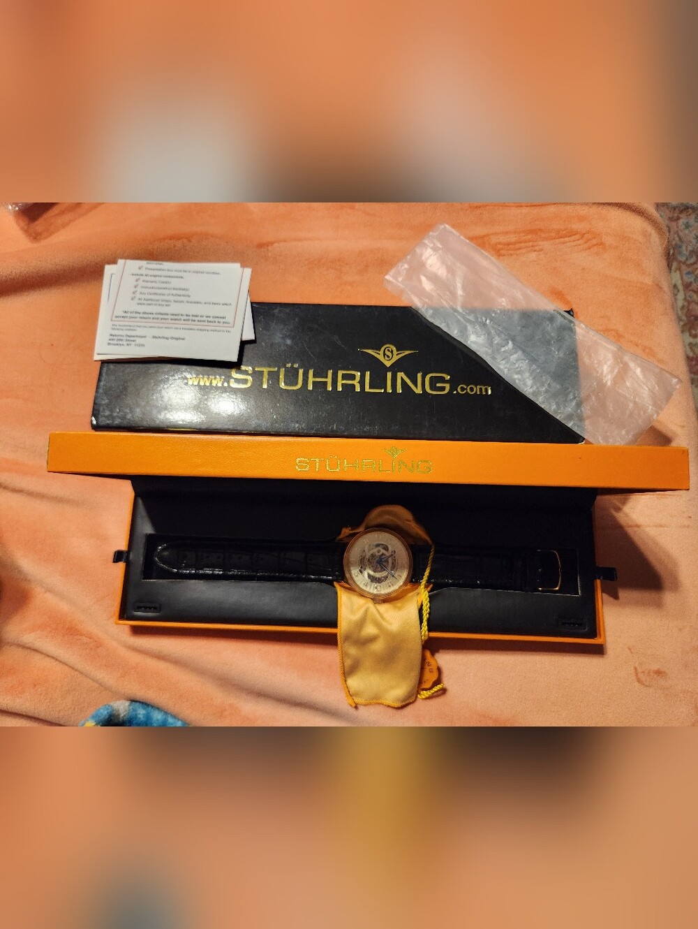 Stuhrling Original Skeleton Case Back Watch - Black & Gold